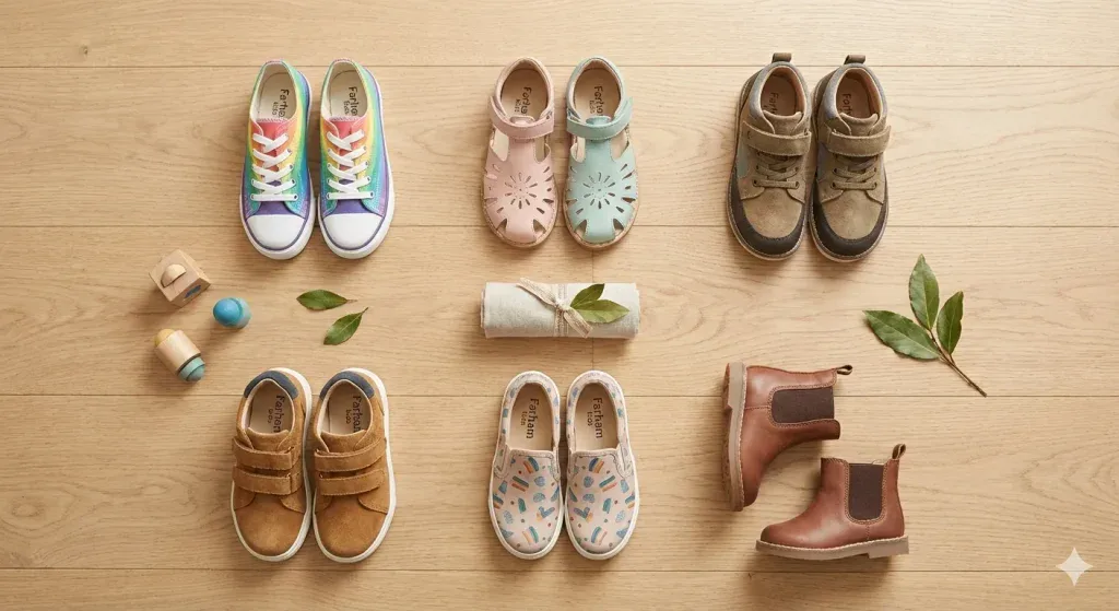 مجموعه متنوعی از کفش‌های کودک دخترانه و پسرانه در فروشگاه فرهام