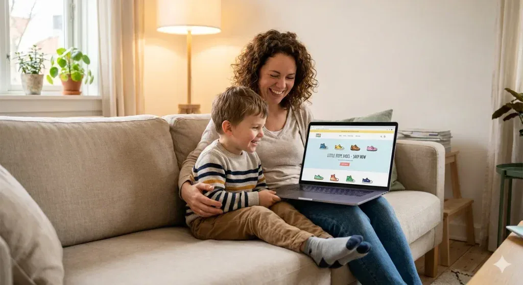 خرید آنلاین کفش کودک توسط مادر و فرزند از طریق لپ‌تاپ